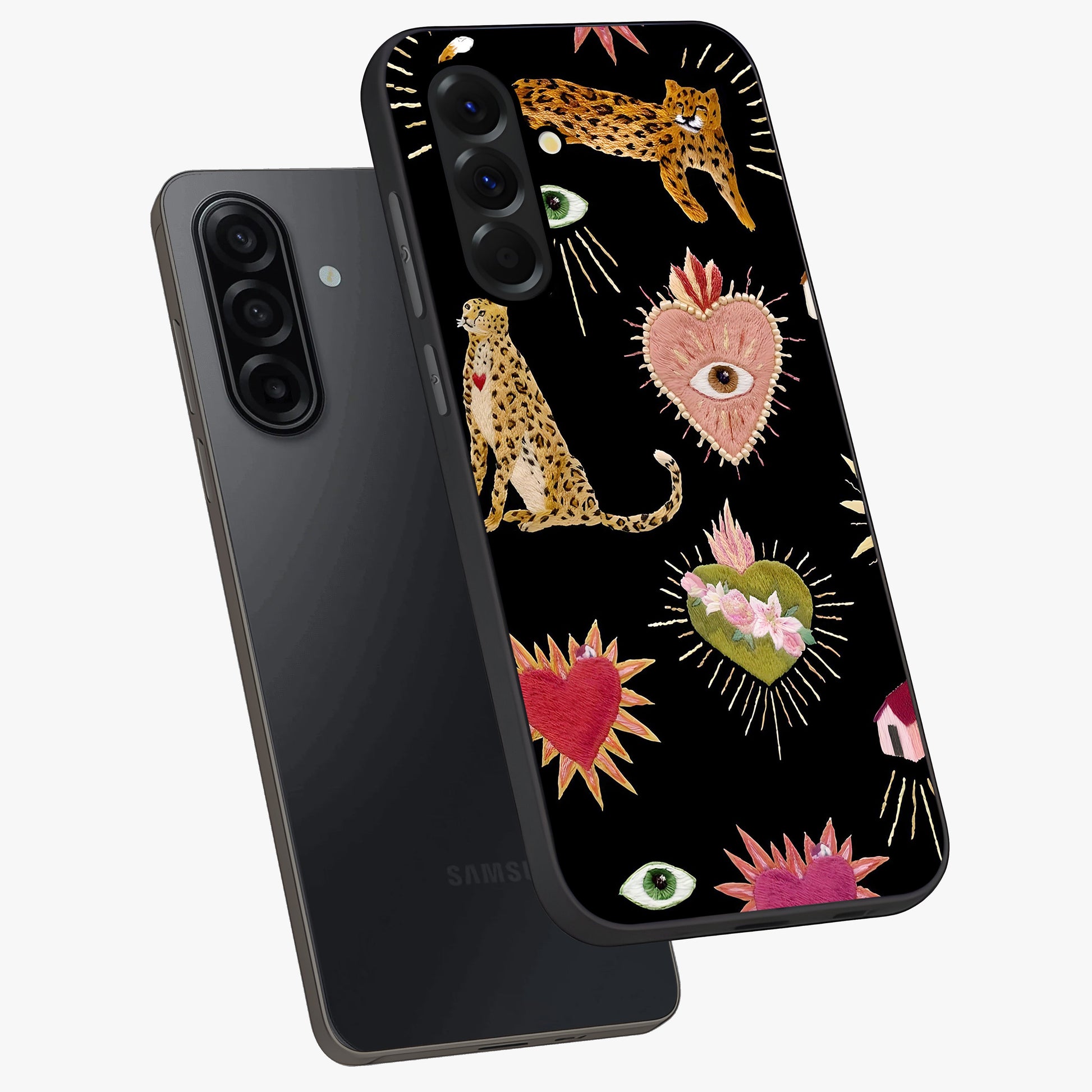 Sacred Jungle Heart Glass Case displayed in angled mockup highlighting lush tropical design with natural aesthetic style.