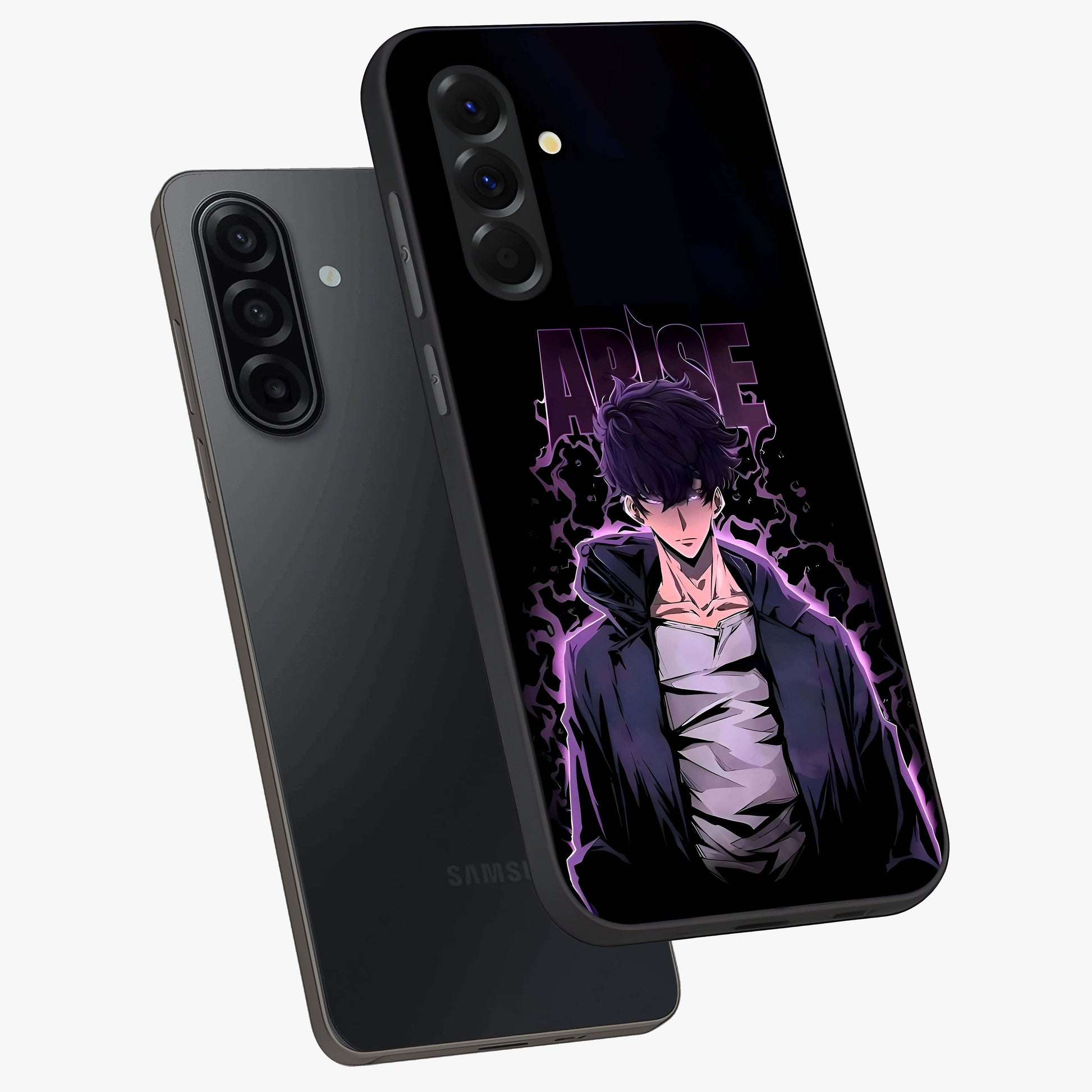 Shadow Monarch Awakening Glass Case displayed in angled mockup highlighting dramatic shadow warrior design with fantasy aesthetic.