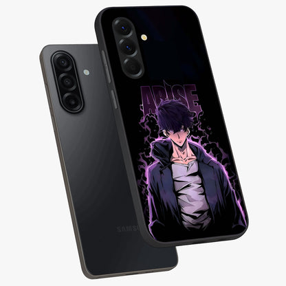 Shadow Monarch Awakening Glass Case displayed in angled mockup highlighting dramatic shadow warrior design with fantasy aesthetic.