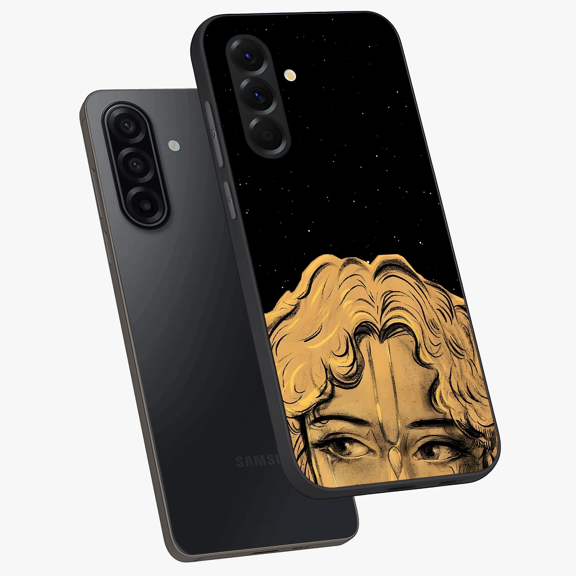 Shri Krishna Art Glass Case displayed in angled mockup highlighting spiritual Krishna illustration with divine aesthetic.