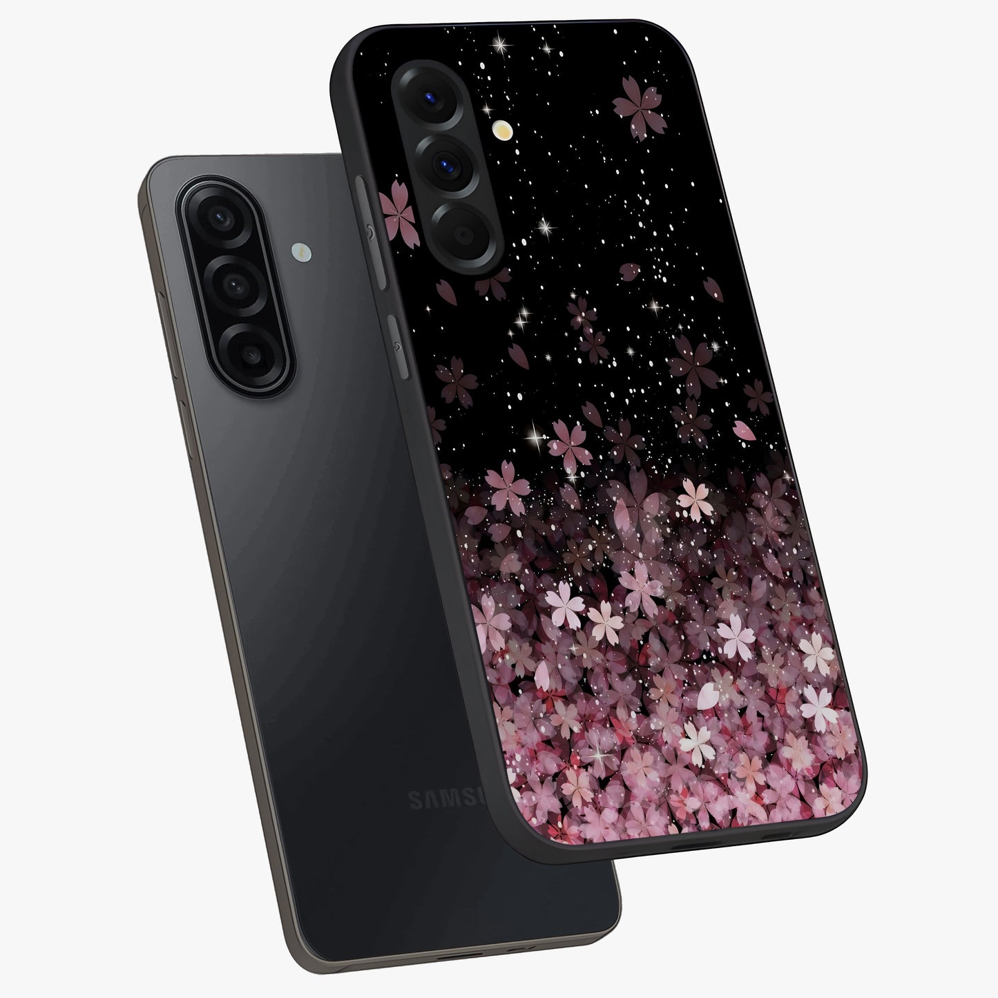 Small Starry Flowers Glass Case displayed in angled mockup highlighting tiny flower pattern with celestial aesthetic style.