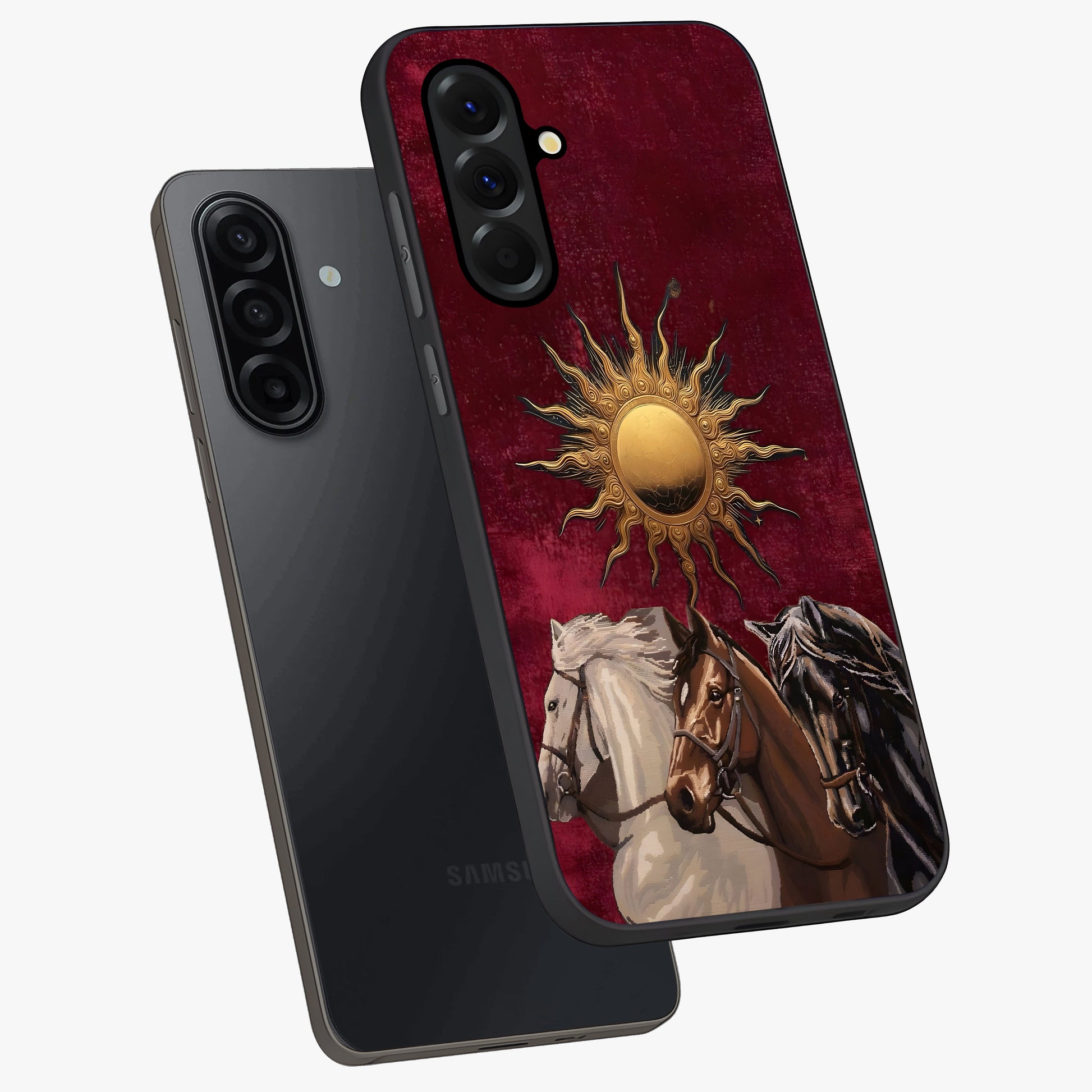 Solar Riders Glass Case displayed in angled mockup highlighting powerful rider illustration with radiant solar aesthetic.