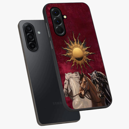 Solar Riders Glass Case displayed in angled mockup highlighting powerful rider illustration with radiant solar aesthetic.