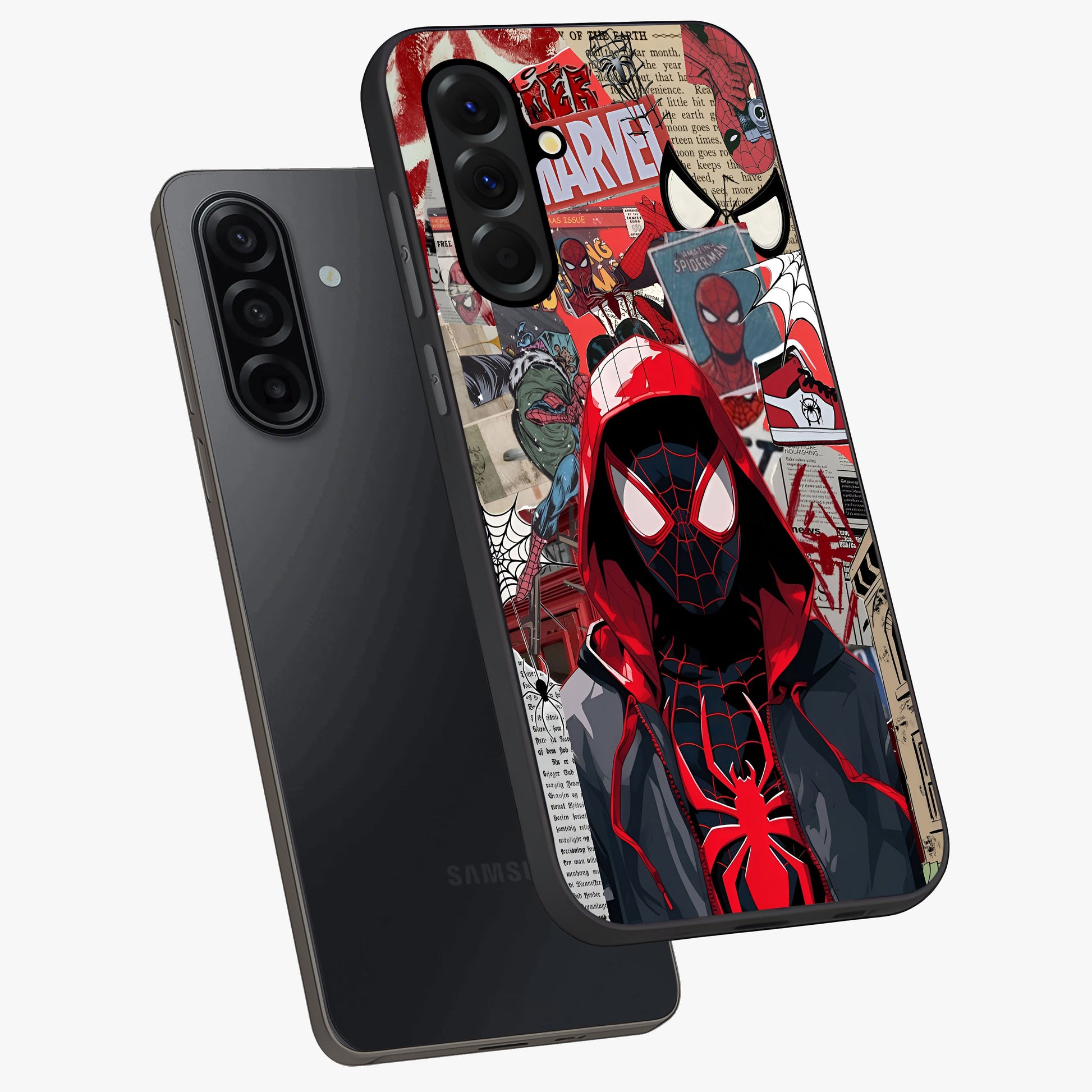 Spider Collage Street Glass Case displayed in angled mockup highlighting dynamic street style collage design with comic aesthetic.