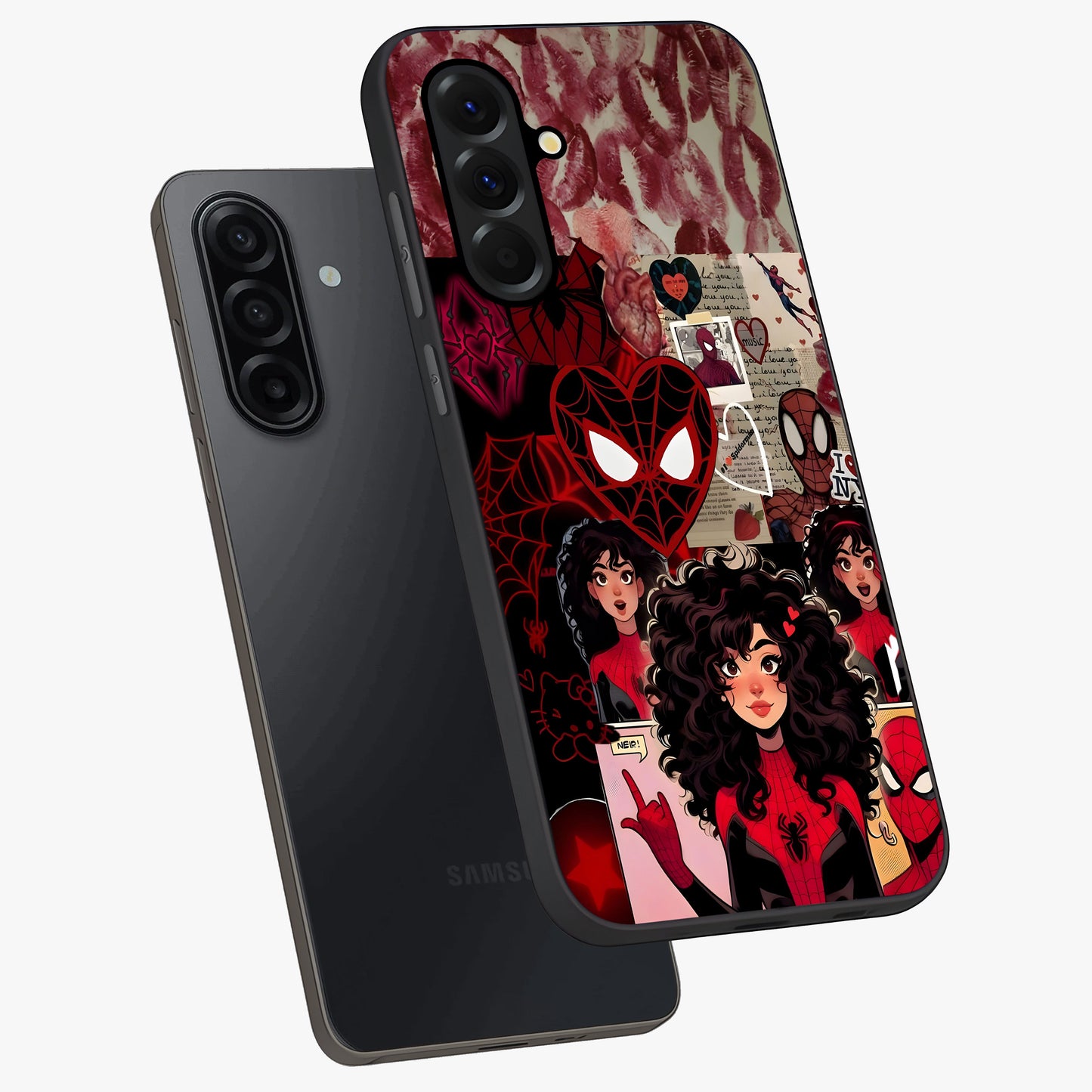 Spider Love Story Glass Case displayed in angled mockup highlighting expressive comic inspired design with playful aesthetic.