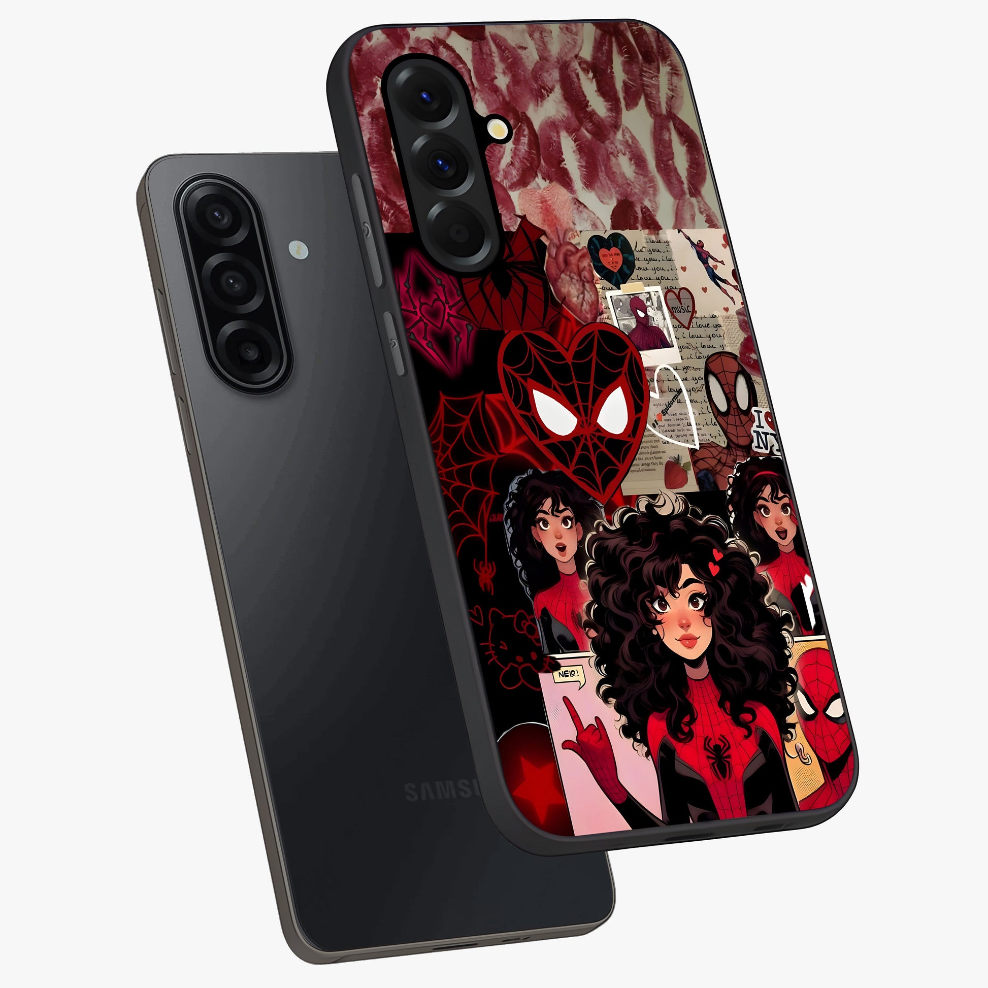 Spider Love Story Glass Case displayed in angled mockup highlighting expressive comic inspired design with playful aesthetic.