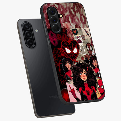 Spider Love Story Glass Case displayed in angled mockup highlighting expressive comic inspired design with playful aesthetic.
