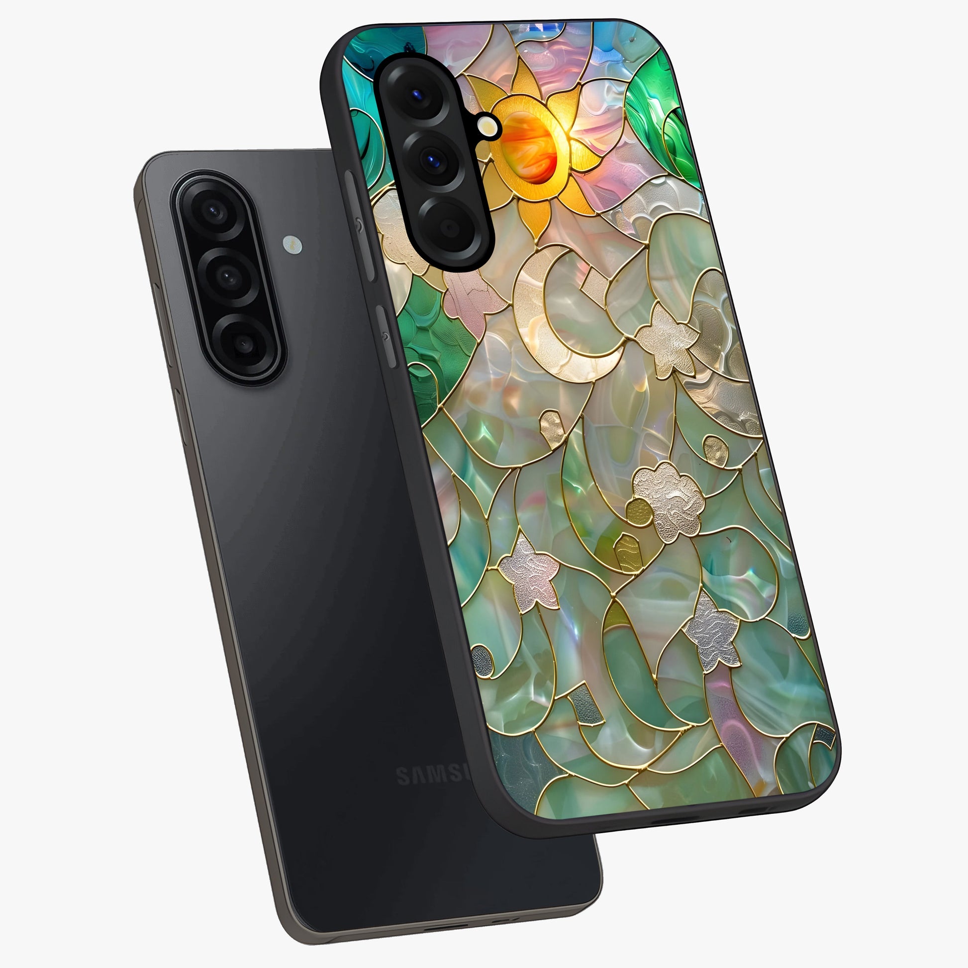 Stained Sunrise Glow Glass Case displayed in angled mockup highlighting radiant sunrise design with artistic aesthetic style.