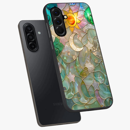 Stained Sunrise Glow Glass Case displayed in angled mockup highlighting radiant sunrise design with artistic aesthetic style.