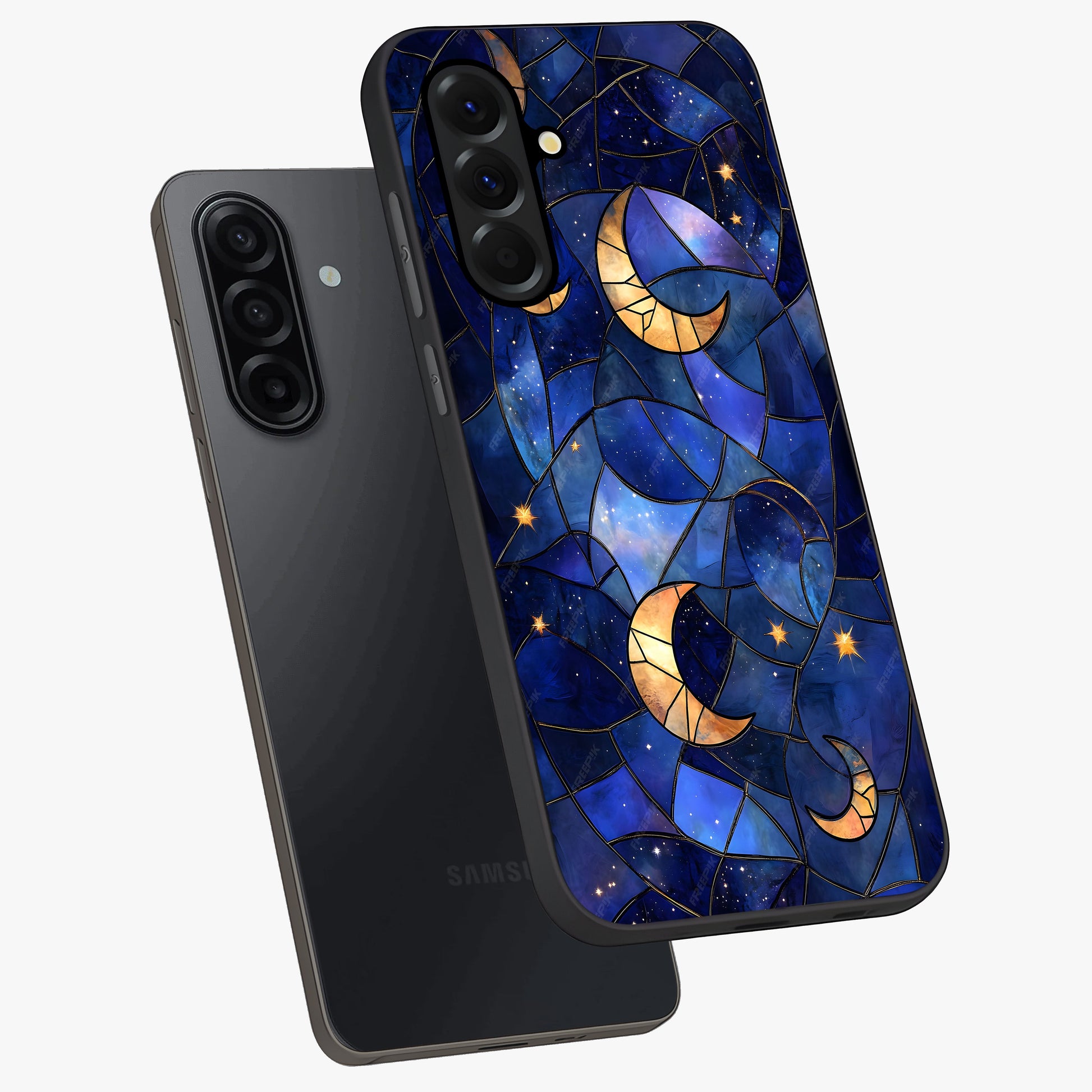 Starlit Sky Tapestry Glass Case displayed in angled mockup highlighting celestial night pattern with artistic aesthetic style.