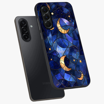 Starlit Sky Tapestry Glass Case displayed in angled mockup highlighting celestial night pattern with artistic aesthetic style.