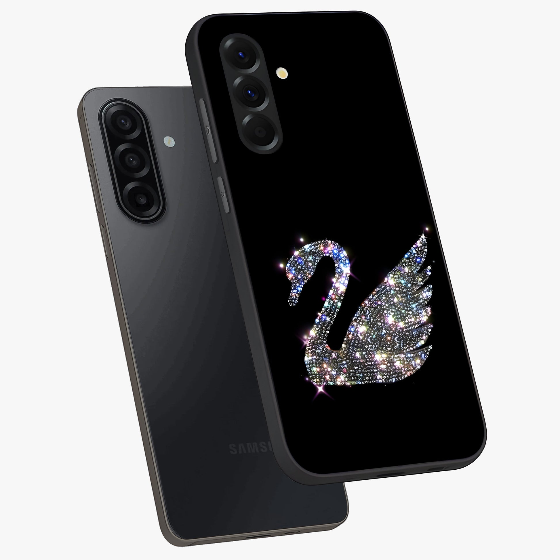 Starlit Swan Grace Glass Case displayed in angled mockup highlighting elegant swan illustration with dreamy celestial aesthetic.