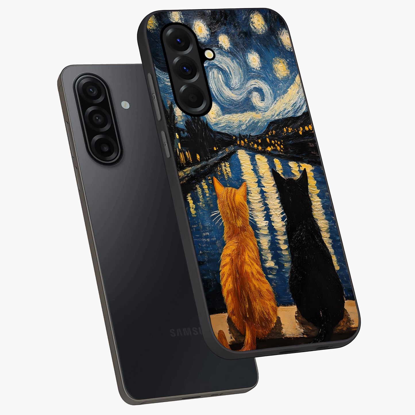 Starry River Cats Glass Case displayed in angled mockup highlighting charming feline illustration with dreamy night aesthetic.