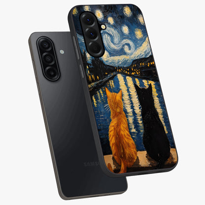 Starry River Cats Glass Case displayed in angled mockup highlighting charming feline illustration with dreamy night aesthetic.
