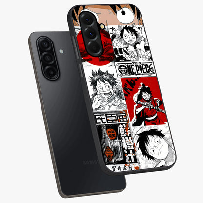 Strawhat Chaos Panels Glass Case displayed in angled mockup highlighting vibrant anime collage design with action aesthetic.