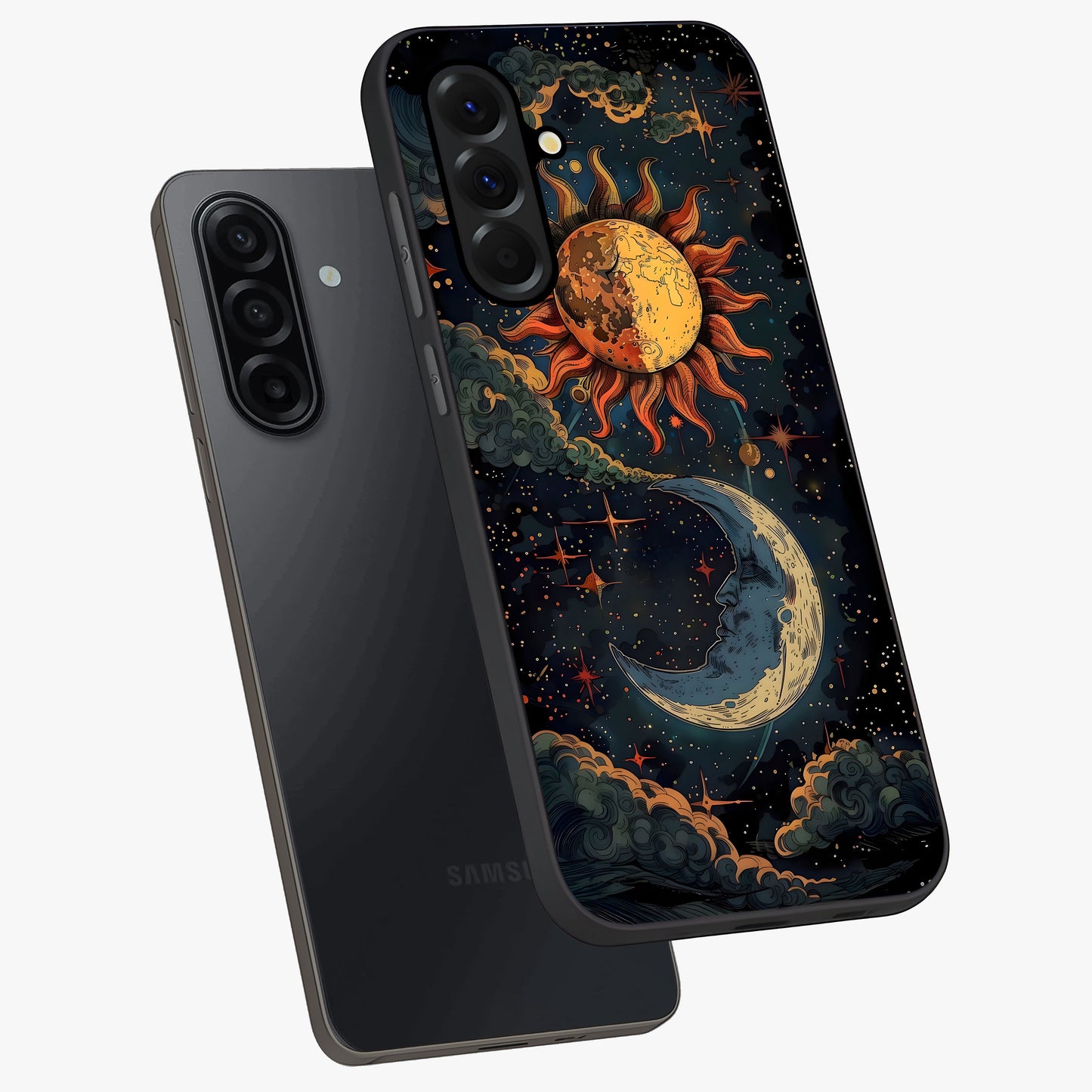 Sun And Moon Magic Design Glass Case displayed in angled mockup highlighting celestial design with magical cosmic aesthetic.
