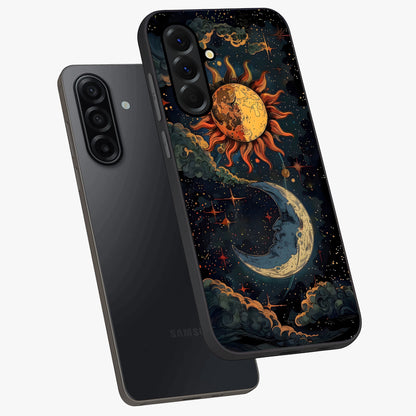 Sun And Moon Magic Design Glass Case displayed in angled mockup highlighting celestial design with magical cosmic aesthetic.