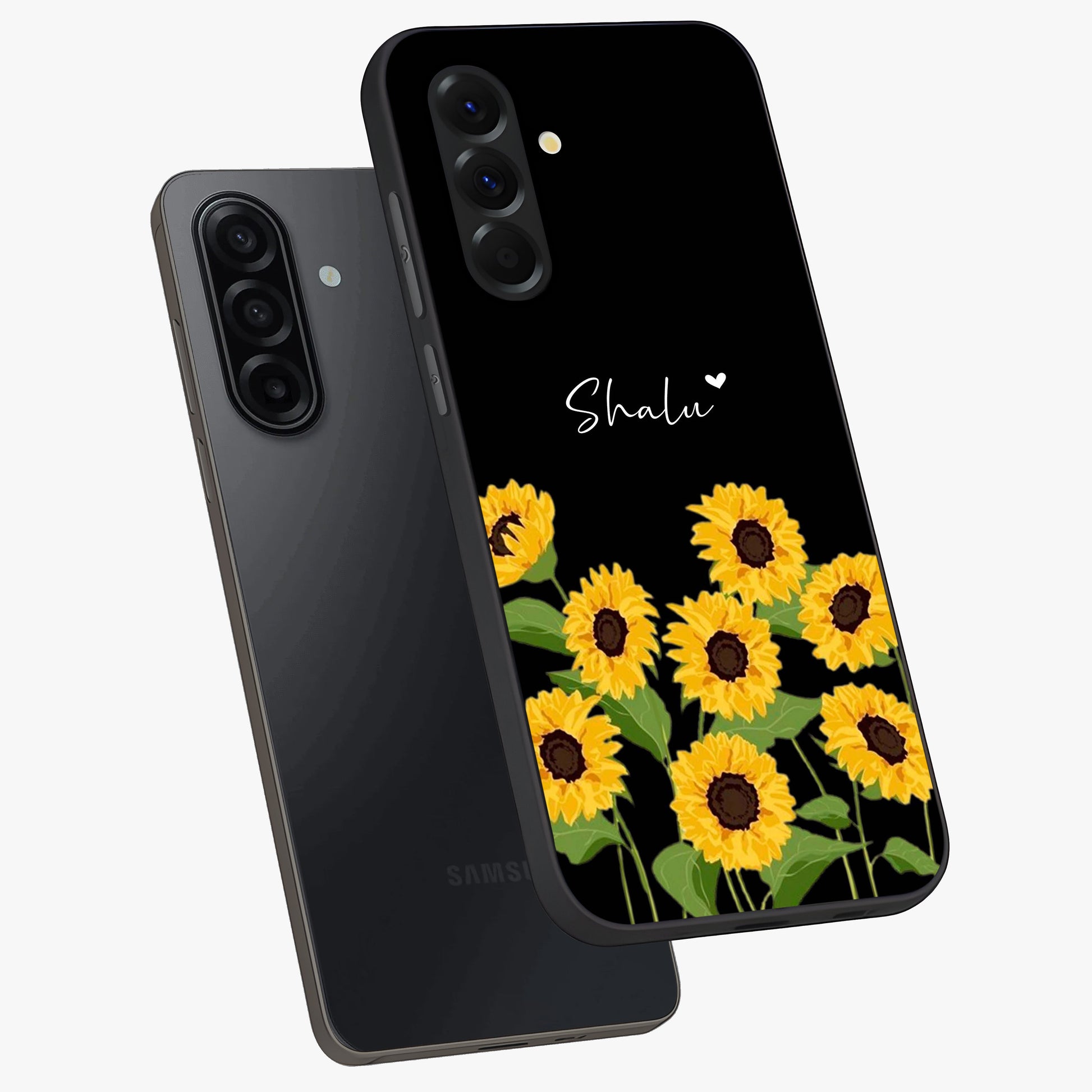 Sunflower Chic Mood Custom Name Glass Case displayed in angled mockup highlighting vibrant sunflower design with custom name feature.