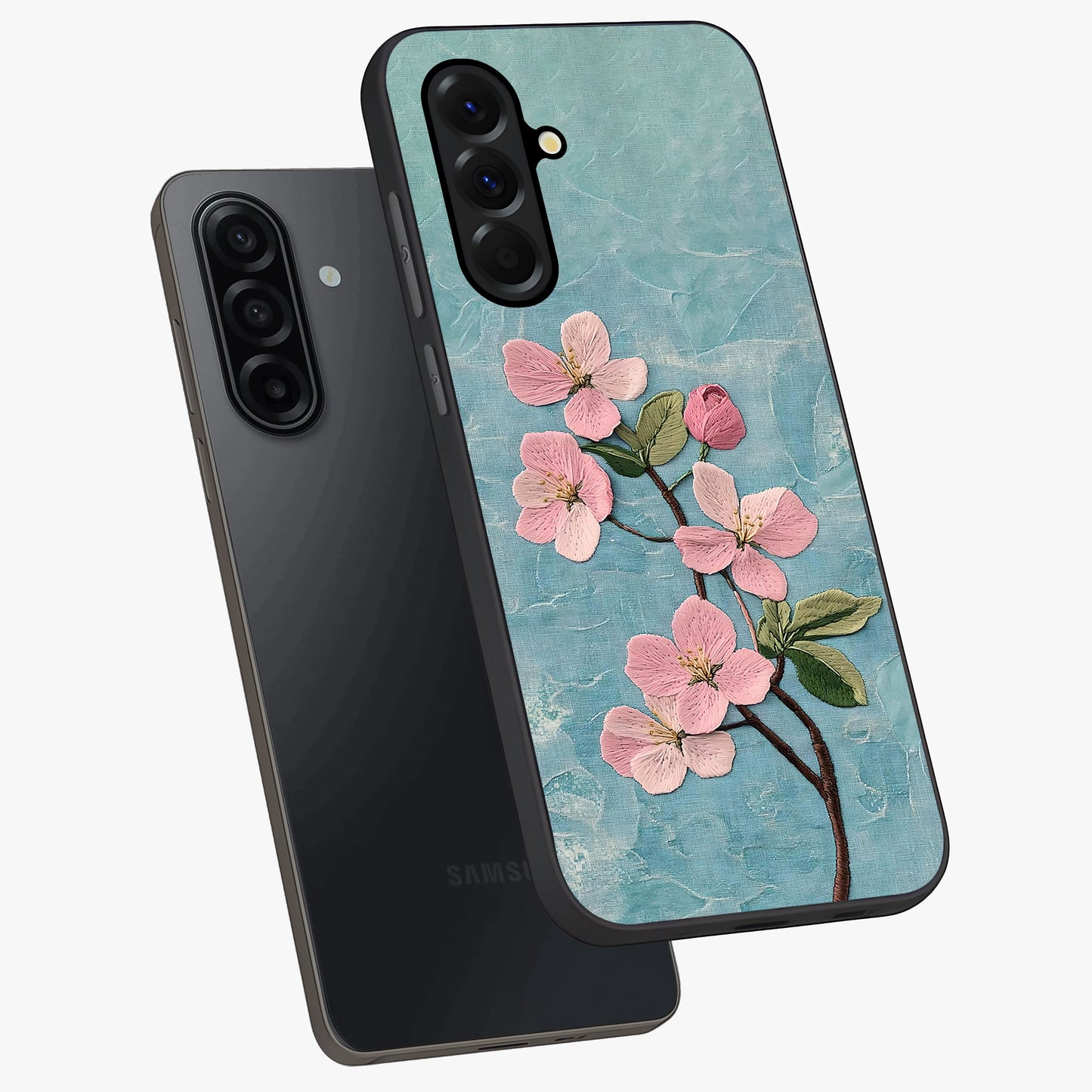 Threaded Blossom Breeze Glass Case displayed in angled mockup highlighting elegant floral design with soft aesthetic style.