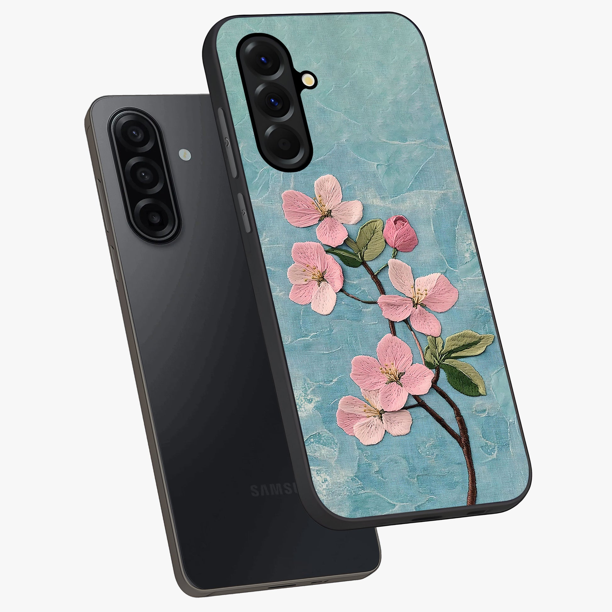 Threaded Blossom Breeze Glass Case displayed in angled mockup highlighting elegant floral design with soft aesthetic style.