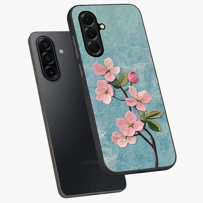 Threaded Blossom Breeze Glass Case displayed in angled mockup highlighting elegant floral design with soft aesthetic style.