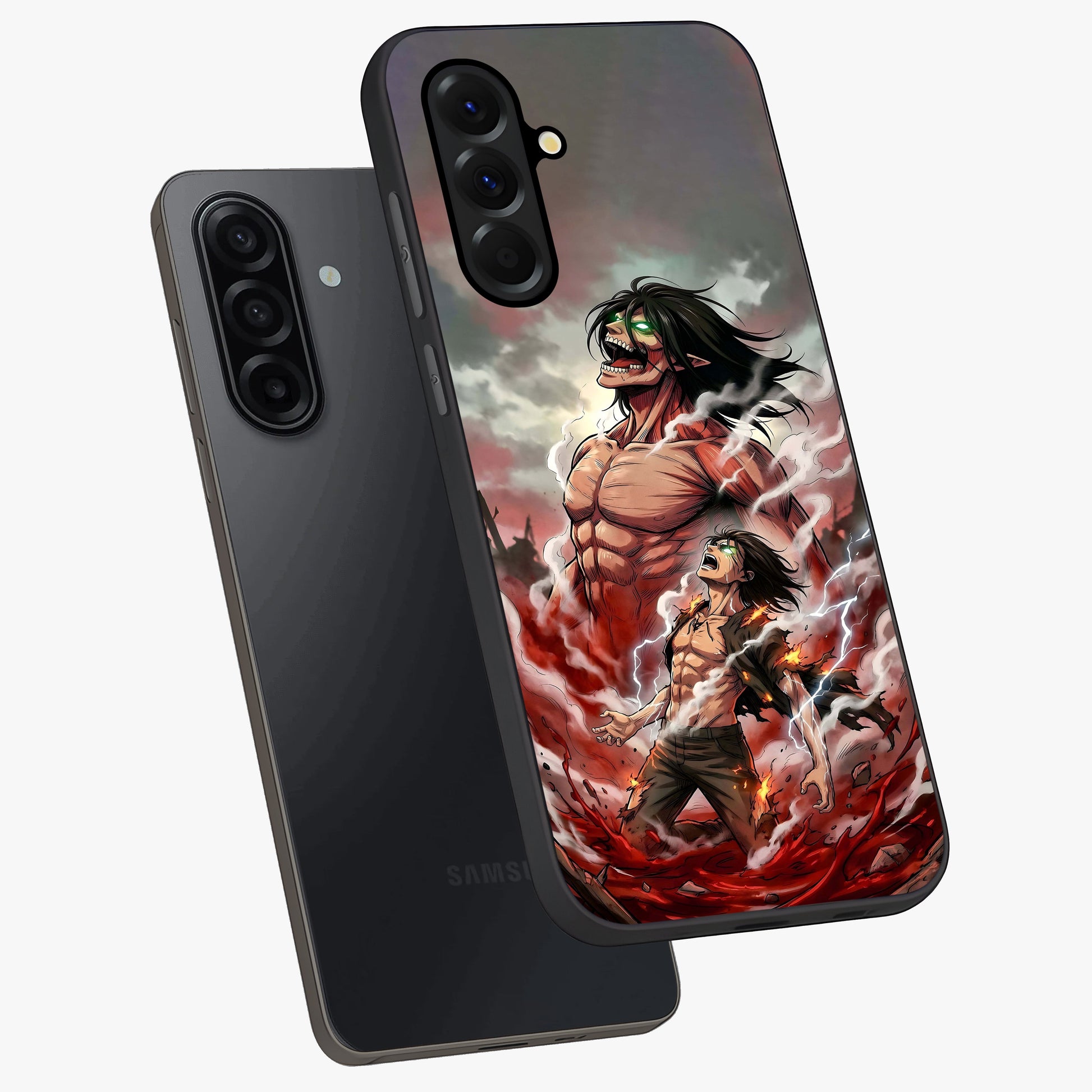 Titan Awakening Fury Glass Case displayed in angled mockup highlighting dramatic giant warrior design with bold anime aesthetic.