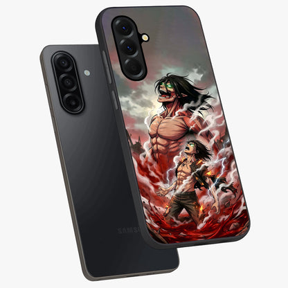 Titan Awakening Fury Glass Case displayed in angled mockup highlighting dramatic giant warrior design with bold anime aesthetic.