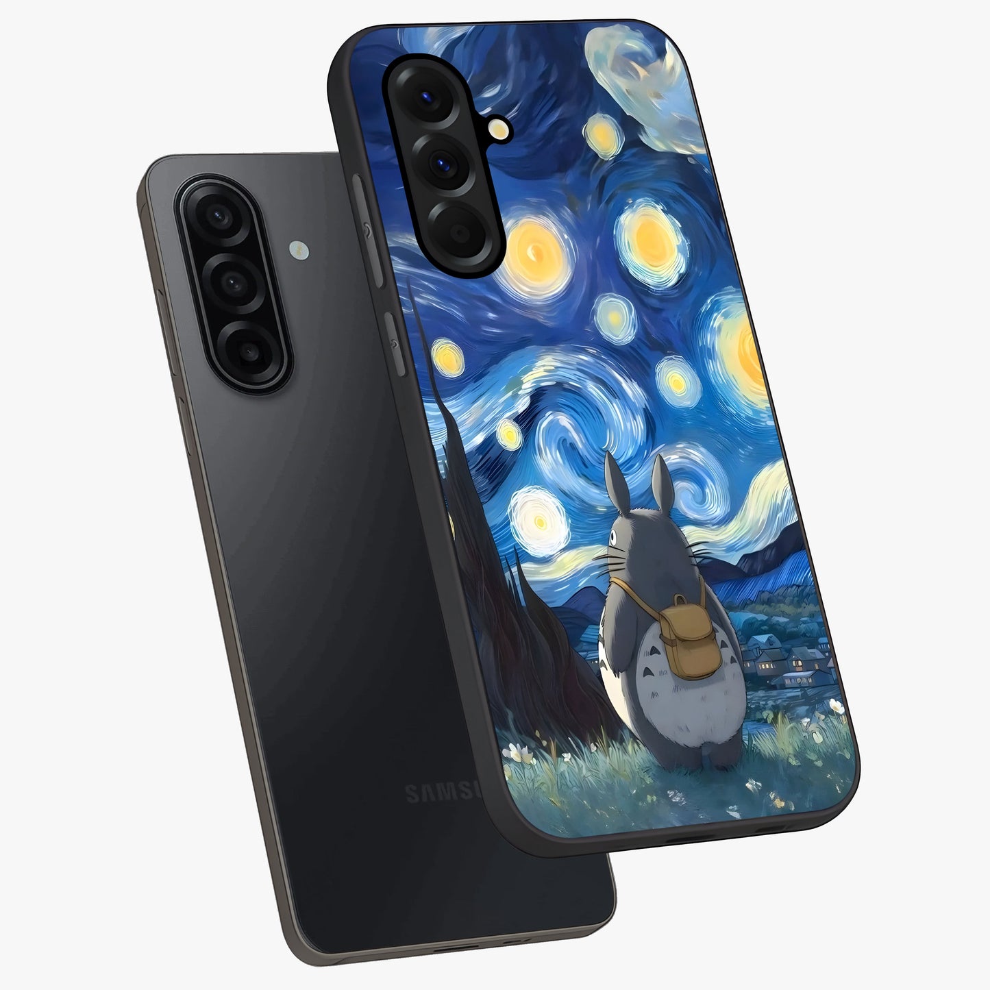 Totoro In Van Gogh Art Glass Case displayed in angled mockup highlighting artistic swirling sky design with playful animation aesthetic.