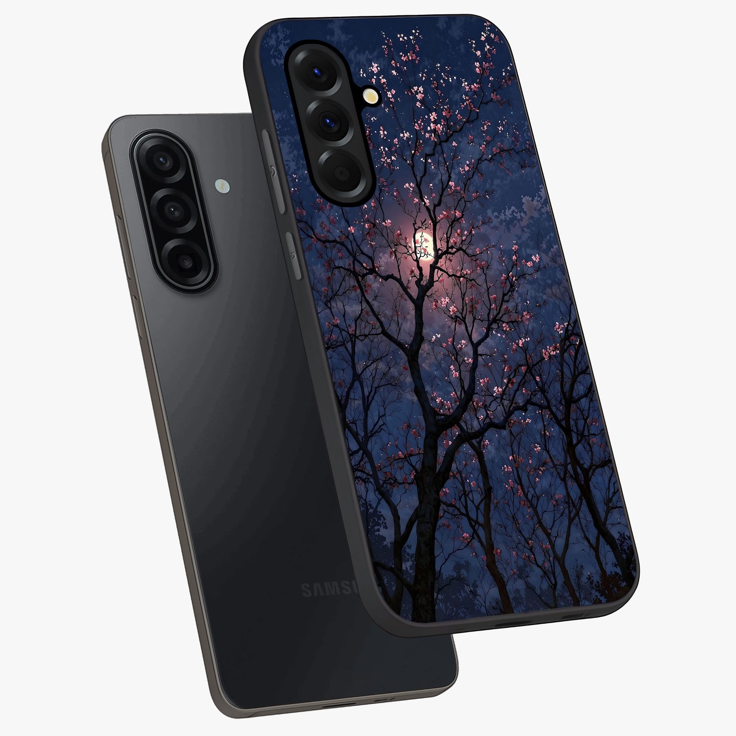Twilight Sakura Serenade Glass Case displayed in angled mockup highlighting delicate sakura flower design with dreamy aesthetic.