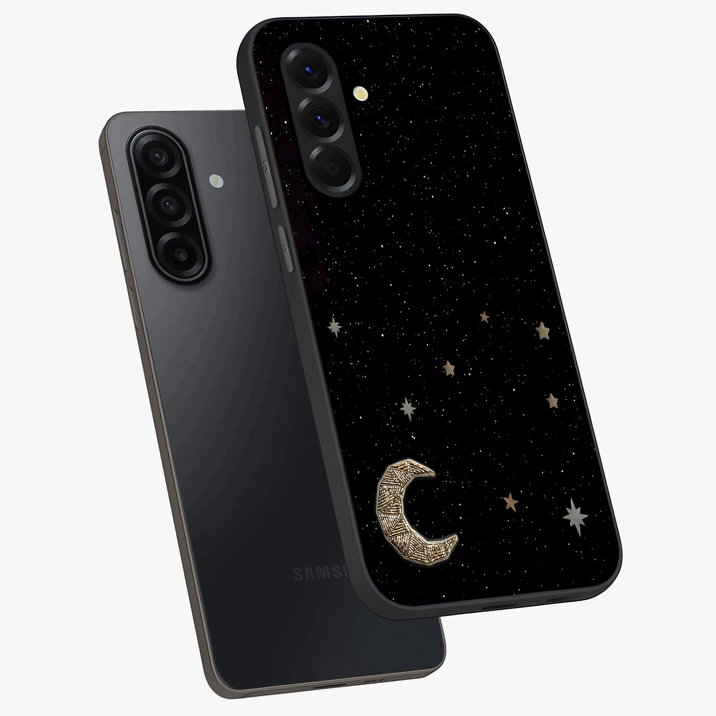 Twinkle Star With Half Moon Glass Case displayed in angled mockup highlighting celestial moon and star design with magical aesthetic.