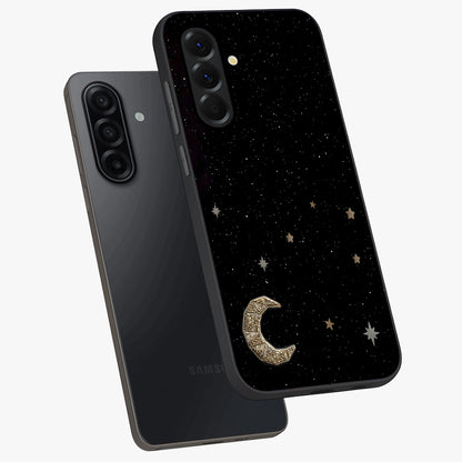 Twinkle Star With Half Moon Glass Case displayed in angled mockup highlighting celestial moon and star design with magical aesthetic.