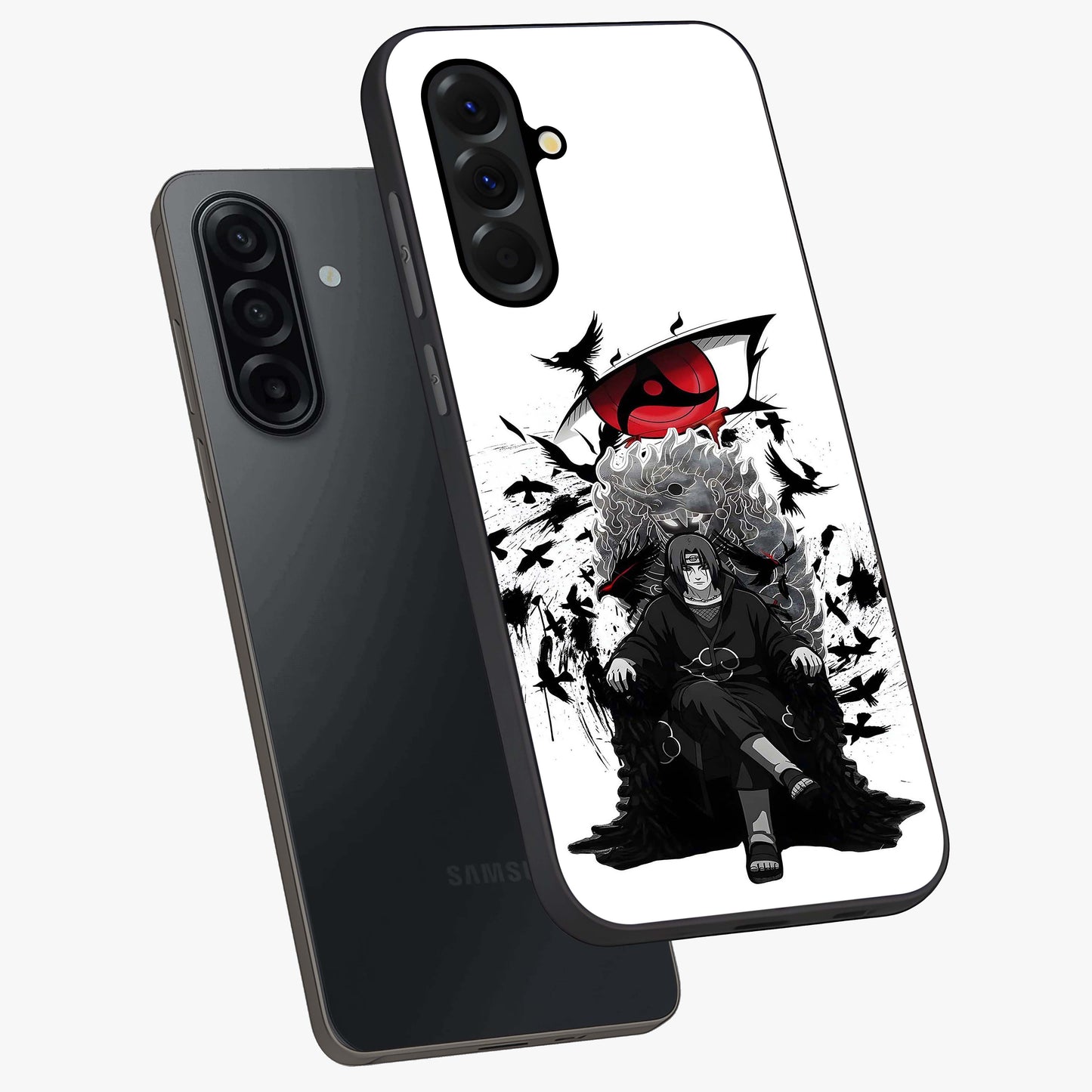 Uchiha Shadow Throne Glass Case displayed in angled mockup highlighting glowing aquatic design with celestial aesthetic.