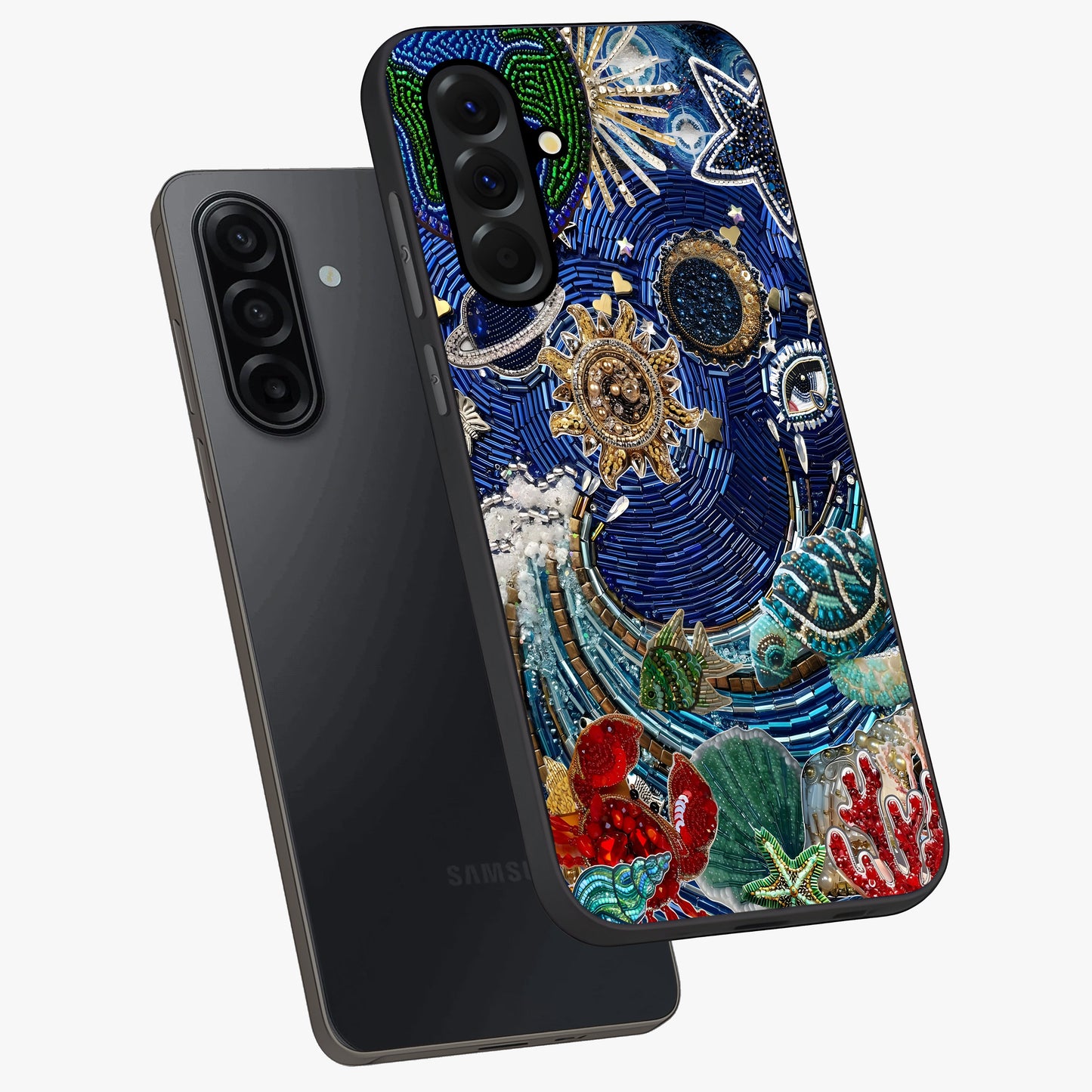 Universe Underwater Spark Glass Case displayed in angled mockup highlighting glowing aquatic design with celestial aesthetic.