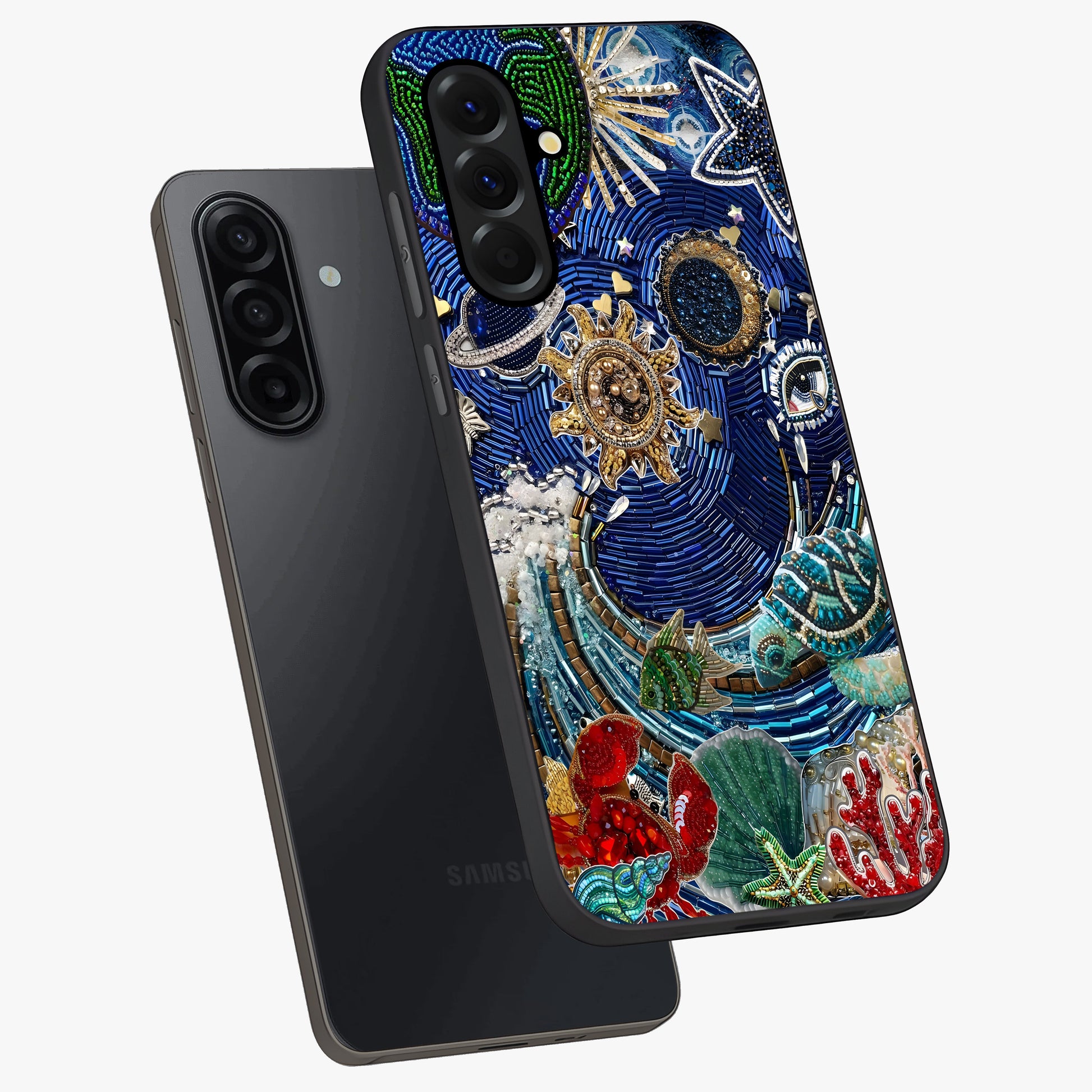 Universe Underwater Spark Glass Case displayed in angled mockup highlighting glowing aquatic design with celestial aesthetic.