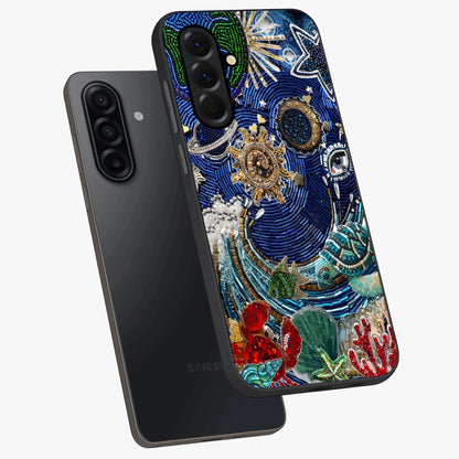 Universe Underwater Spark Glass Case displayed in angled mockup highlighting glowing aquatic design with celestial aesthetic.