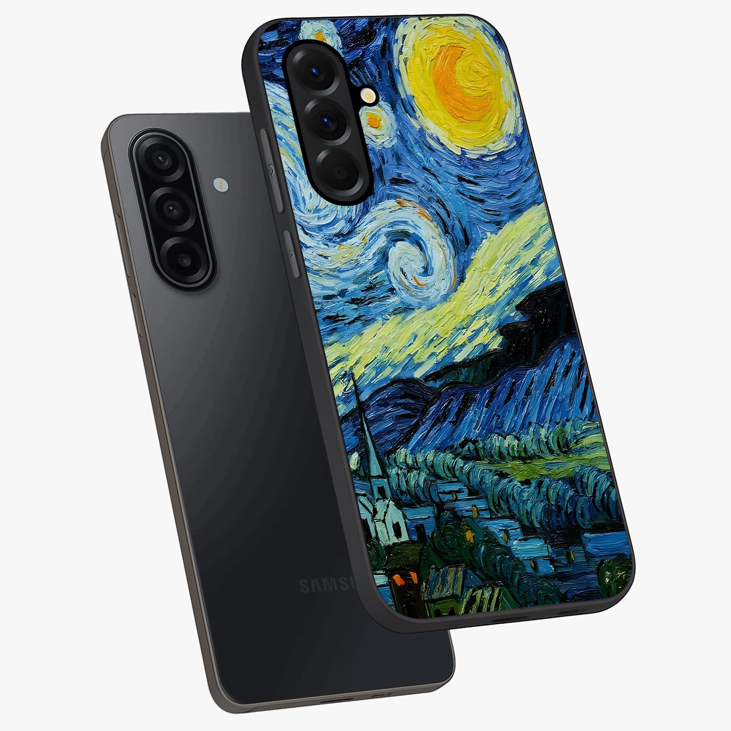 Van Gogh Art Glass Case displayed in angled mockup highlighting swirling brushstroke design with artistic aesthetic.