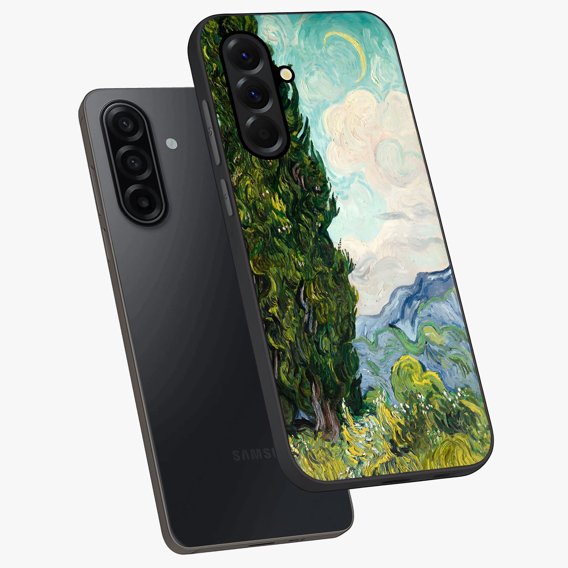 Van Gogh Vintage Art Glass Case displayed in angled mockup highlighting textured brushstroke design with classic aesthetic.