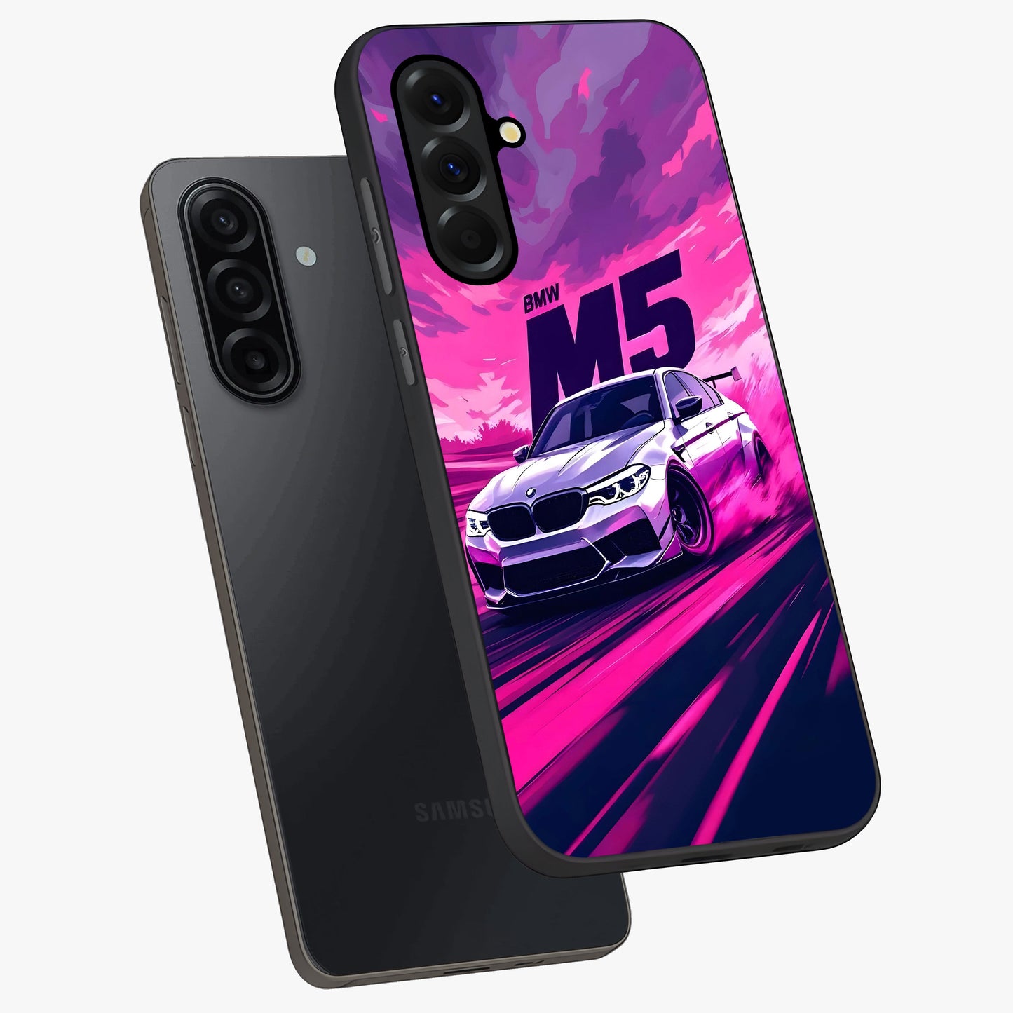 Velocity Drift Pulse Glass Case displayed in angled mockup highlighting dynamic drift design with sporty automotive aesthetic.
