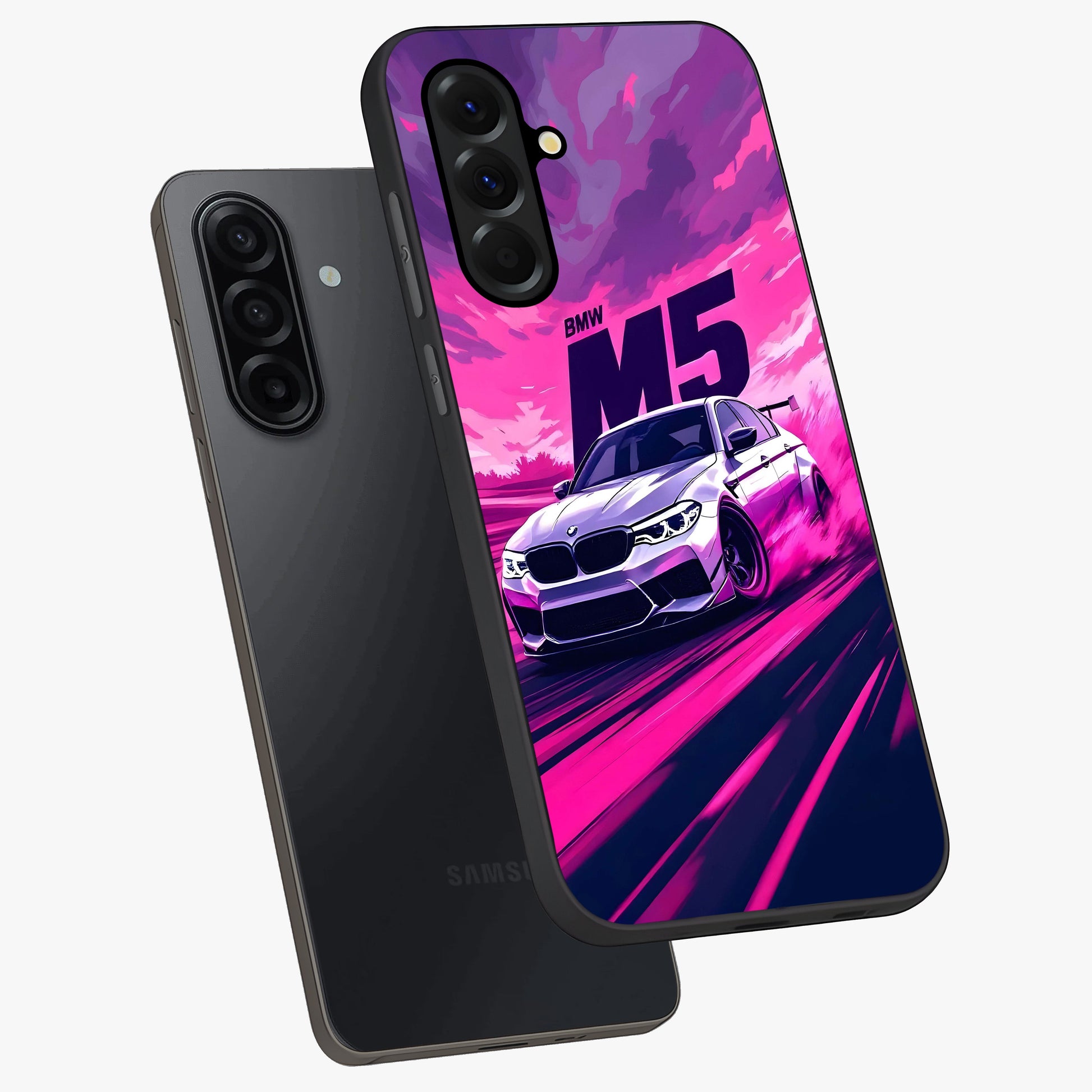 Velocity Drift Pulse Glass Case displayed in angled mockup highlighting dynamic drift design with sporty automotive aesthetic.