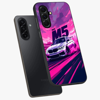 Velocity Drift Pulse Glass Case displayed in angled mockup highlighting dynamic drift design with sporty automotive aesthetic.