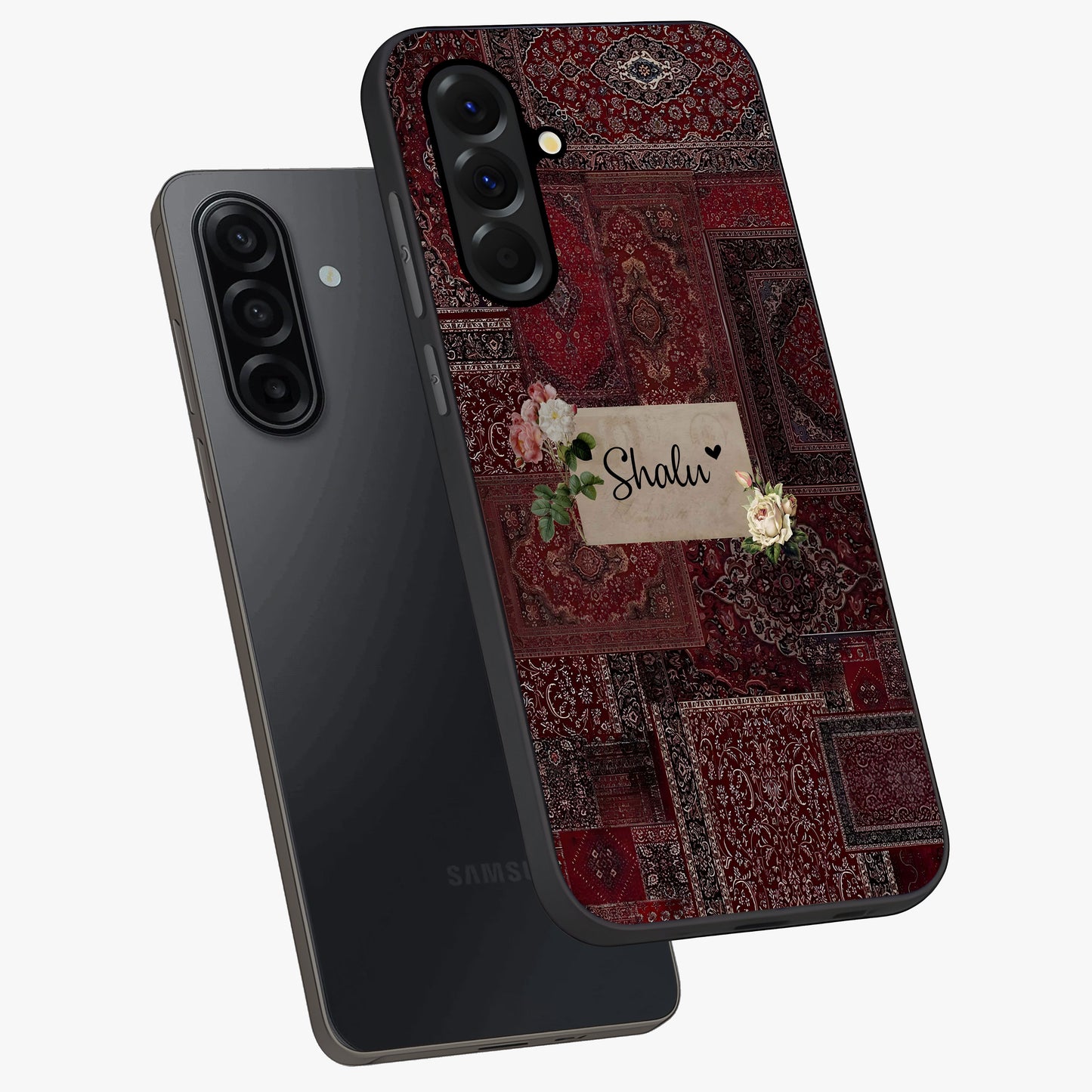 Velvet Wine Pattern Custom Name Glass Case displayed in angled mockup highlighting decorative velvet inspired design with custom name feature.