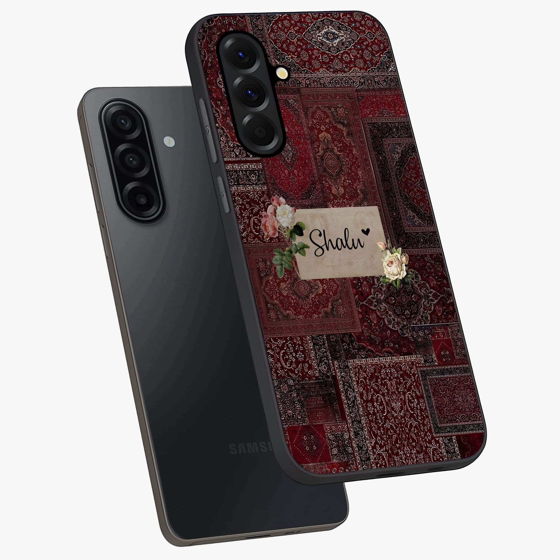Velvet Wine Pattern Custom Name Glass Case displayed in angled mockup highlighting decorative velvet inspired design with custom name feature.