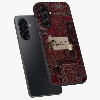 Velvet Wine Pattern Custom Name Glass Case displayed in angled mockup highlighting decorative velvet inspired design with custom name feature.