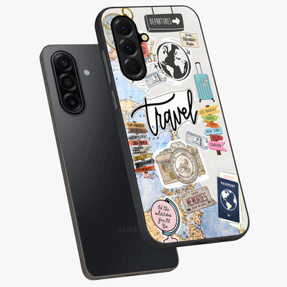 Wanderlust Journal Glass Case displayed in angled mockup highlighting adventure themed design with aesthetic travel vibe.