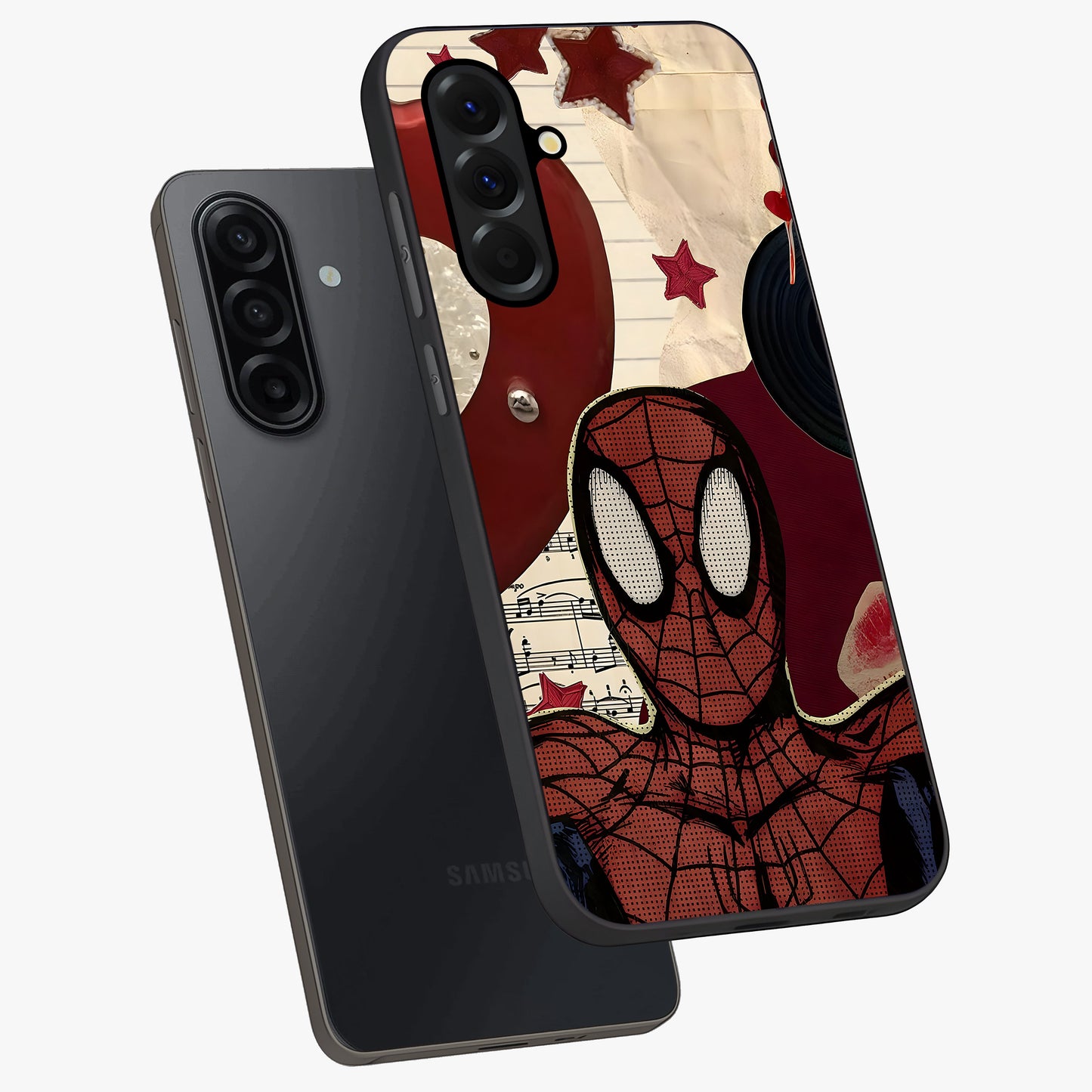 Web Warrior Vibes Glass Case displayed in angled mockup highlighting dynamic web design with comic style aesthetic.