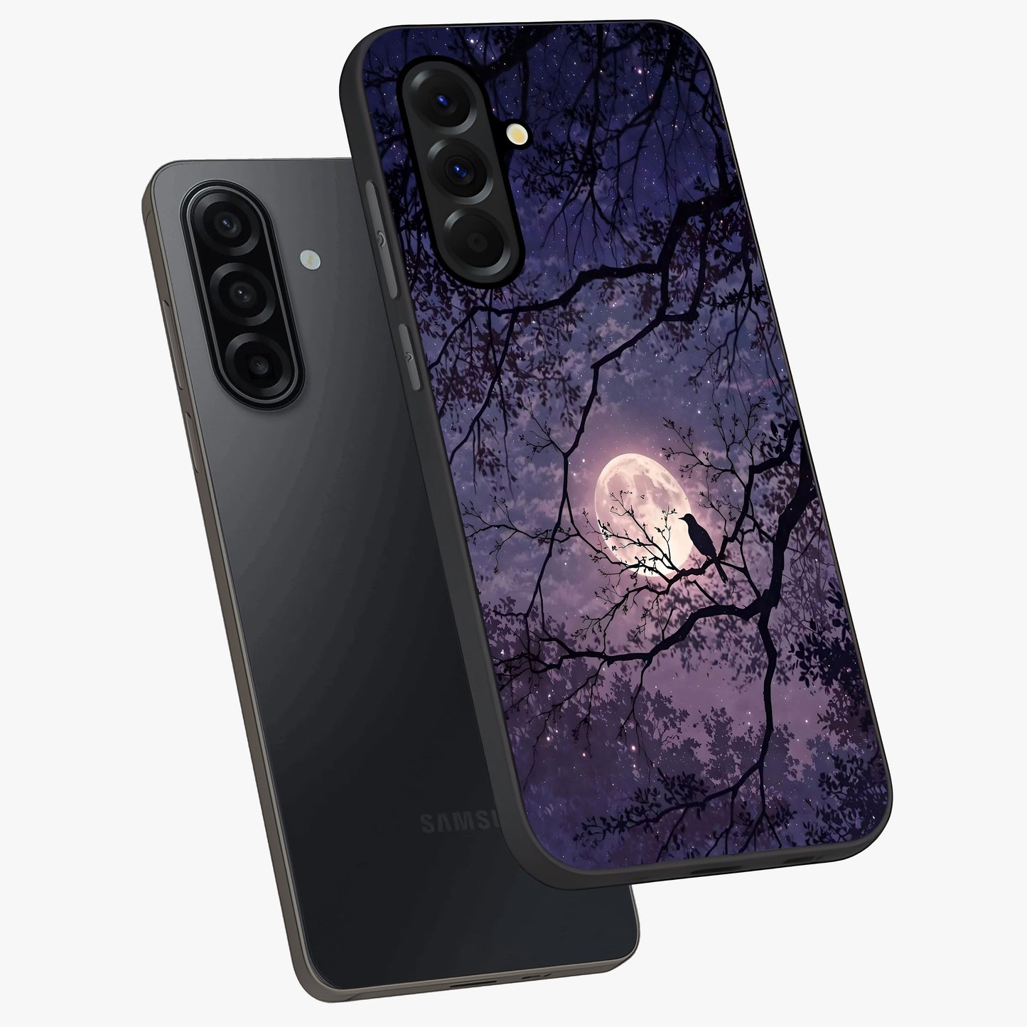 Whispering Moon Silence Glass Case displayed in angled mockup highlighting calm lunar design with dreamy night aesthetic.