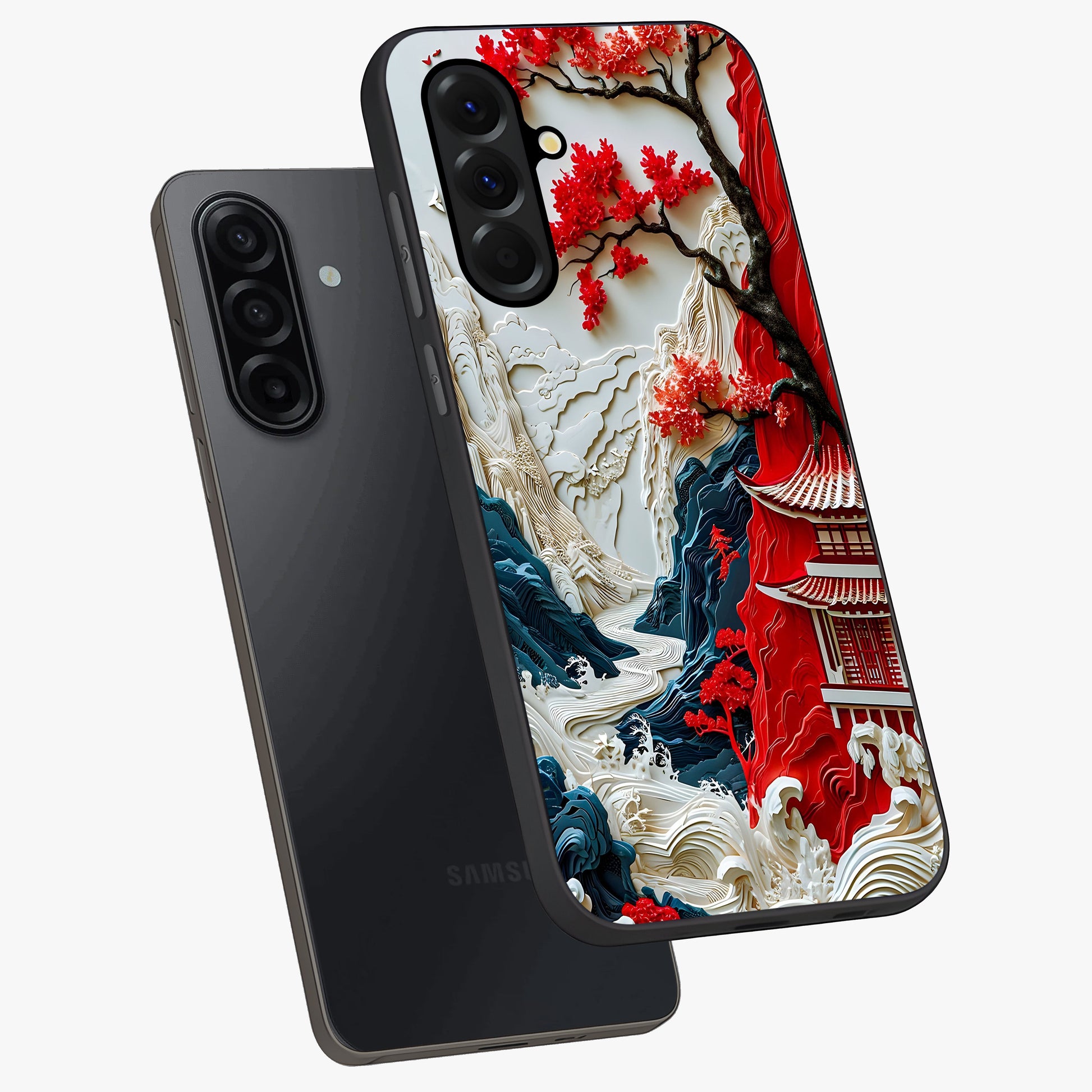Whispers Of Sakura Waves Glass Case displayed in angled mockup highlighting flowing sakura design with soft floral aesthetic.