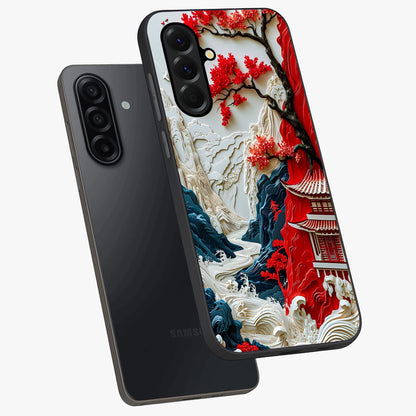 Whispers Of Sakura Waves Glass Case displayed in angled mockup highlighting flowing sakura design with soft floral aesthetic.