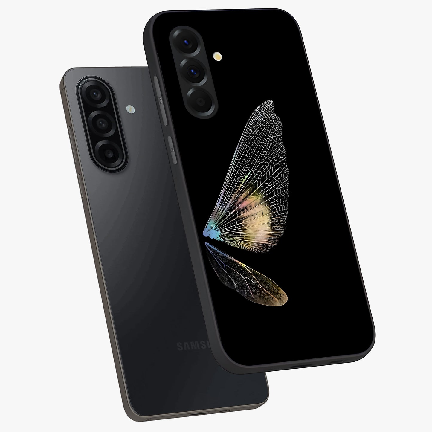 Whispers Of Wings Glass Case displayed in angled mockup highlighting soft feather design with celestial aesthetic style.