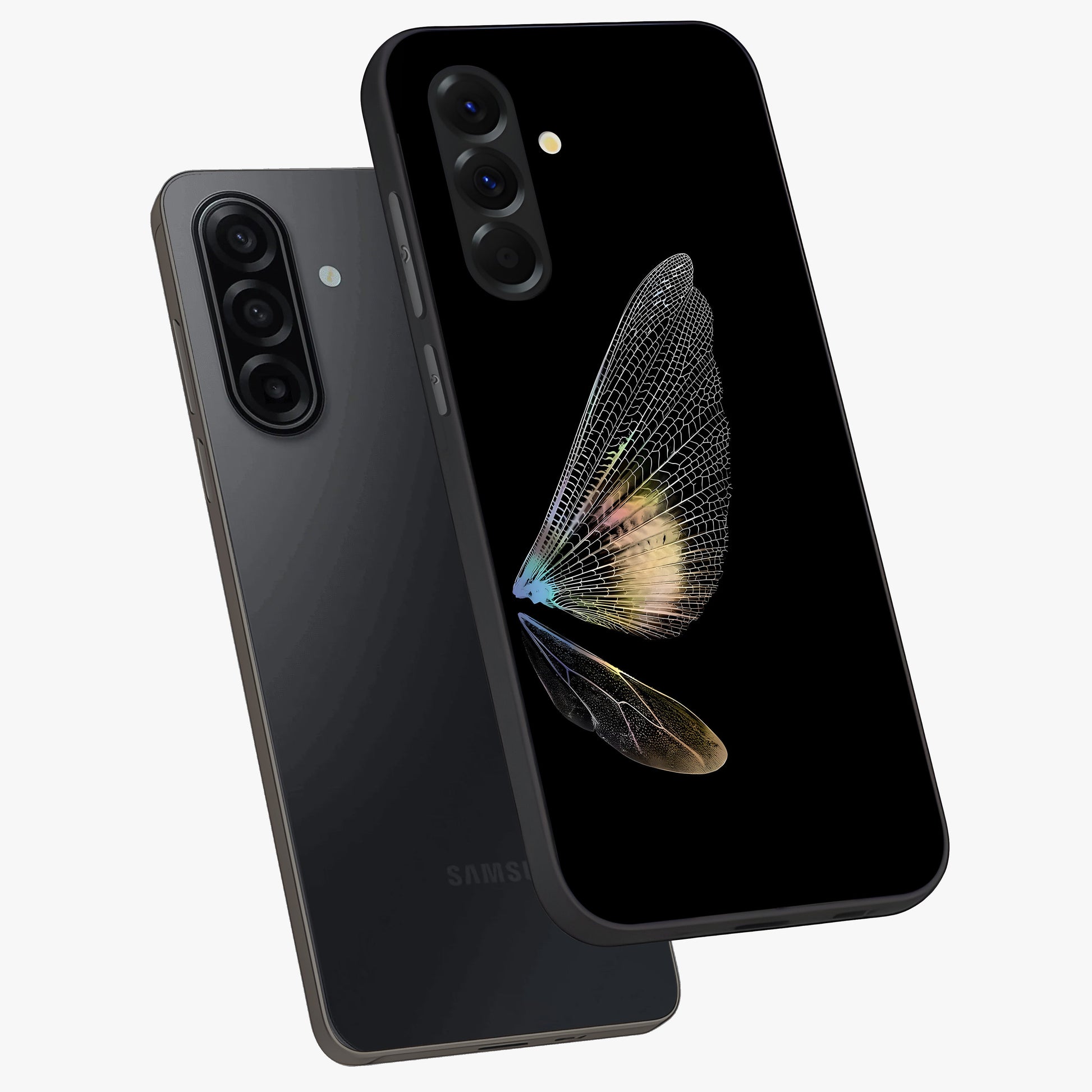 Whispers Of Wings Glass Case displayed in angled mockup highlighting soft feather design with celestial aesthetic style.
